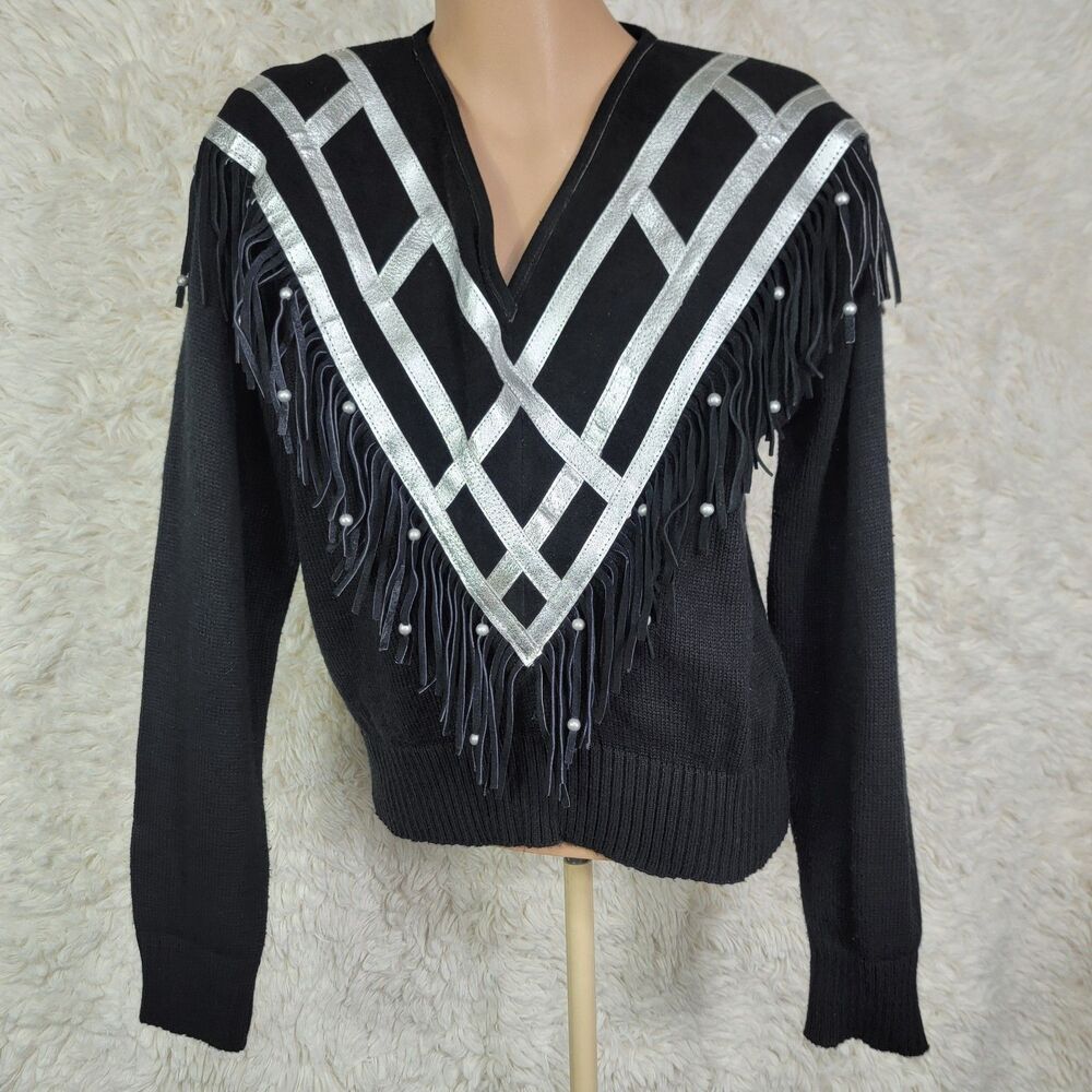 Vtg Miller Outerwear Western Vneck Sweater Size PL Suede Fringe Beads Black Y